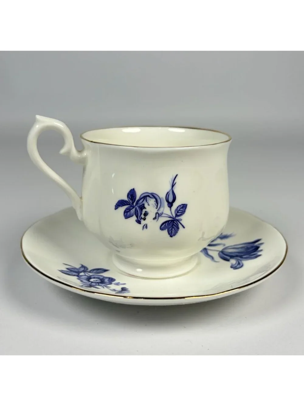 Vintage Staffordshire Blue Floral Fine Bone China Cup & Saucer Set